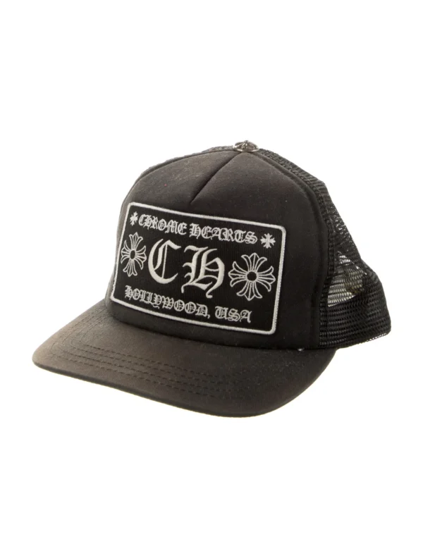 black Chrome Hearts Hollywood Logo Trucker Hat